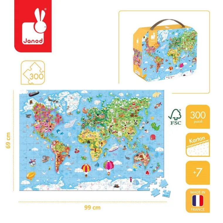 Janod, Ogromna mapa świata, puzzle w walizce, 300 elementów