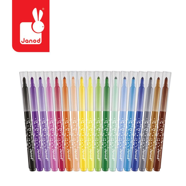Janod, pisaki z filcową końcówką, flamastry, 18 kolorów