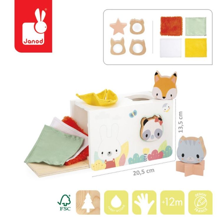Janod, Pure, sorter drewniany, pudełko sensoryczne z chusteczkami