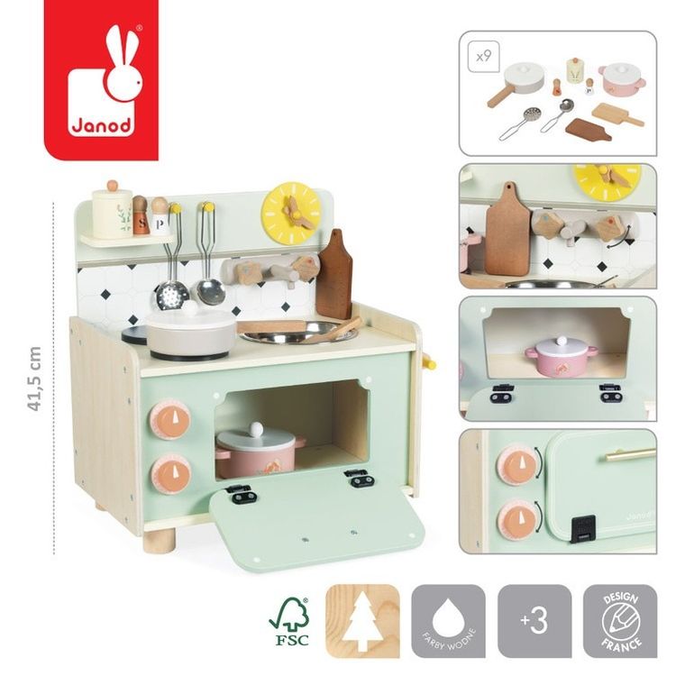 Janod, Shiny Grandma, drewniana kuchnia z 9 akcesoriami