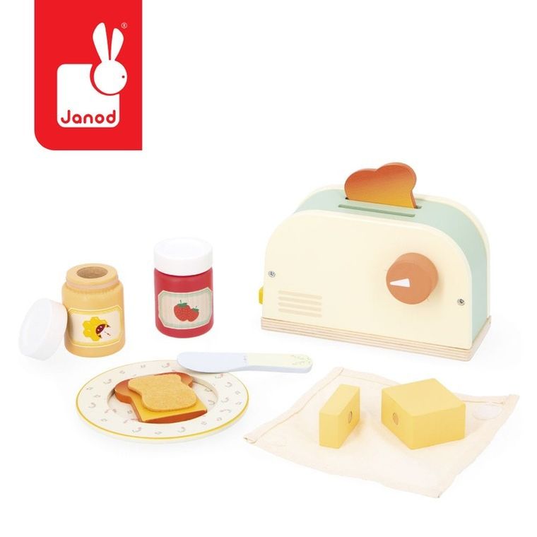 Janod, Shiny Grandma, drewniany zestaw śniadaniowy z tosterem i 12 akcesoriami