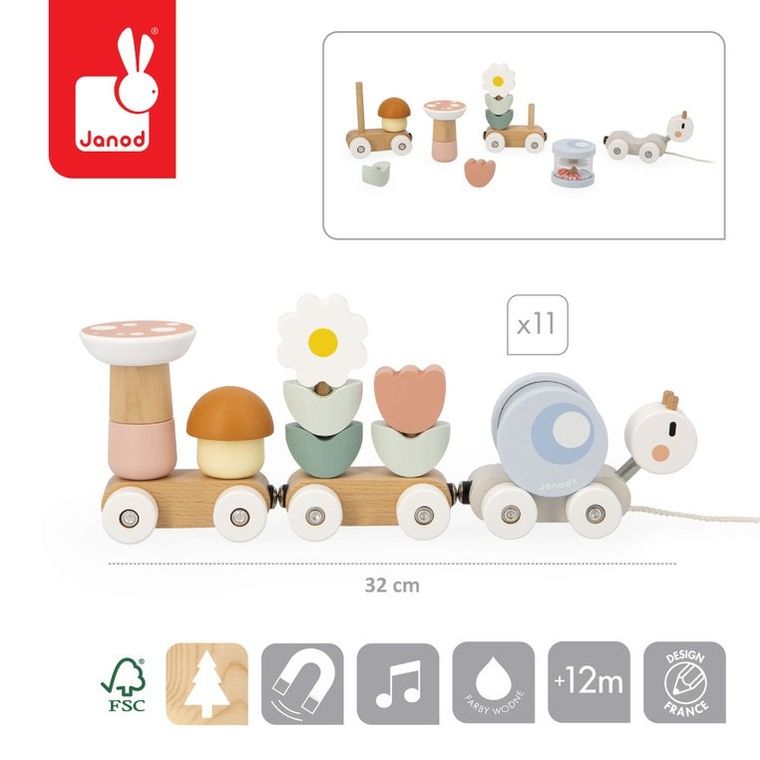 Janod, Sweet Cocoon, Ślimak, magnetyczny pociąg z klockami i grzechotką do ciągnięcia