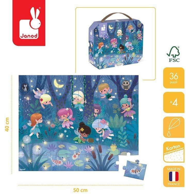 Janod, Wróżki i lilie wodne, puzzle w walizce, 36 elementów
