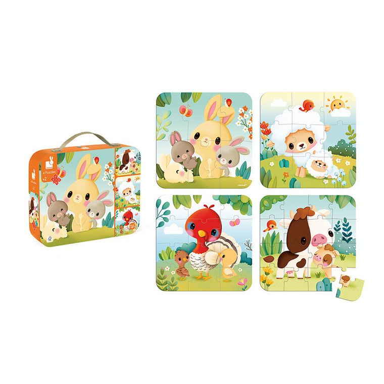 Janod, Zwierzątka na farmie, puzzle progresywne w walizce, 4 układanki