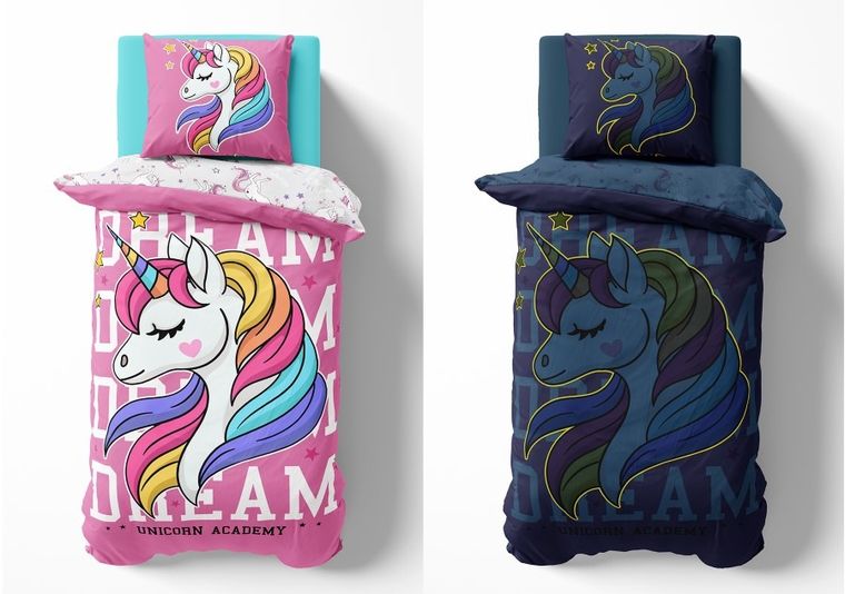Jednorożec, pościel 2-częściowa, bawełniana, świecąca w ciemności, 160-200 cm