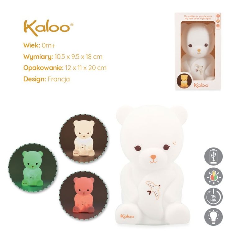 Kaloo, Intempoler, Miś, silikonowa lampka nocna z wejściem USB, trzy kolory