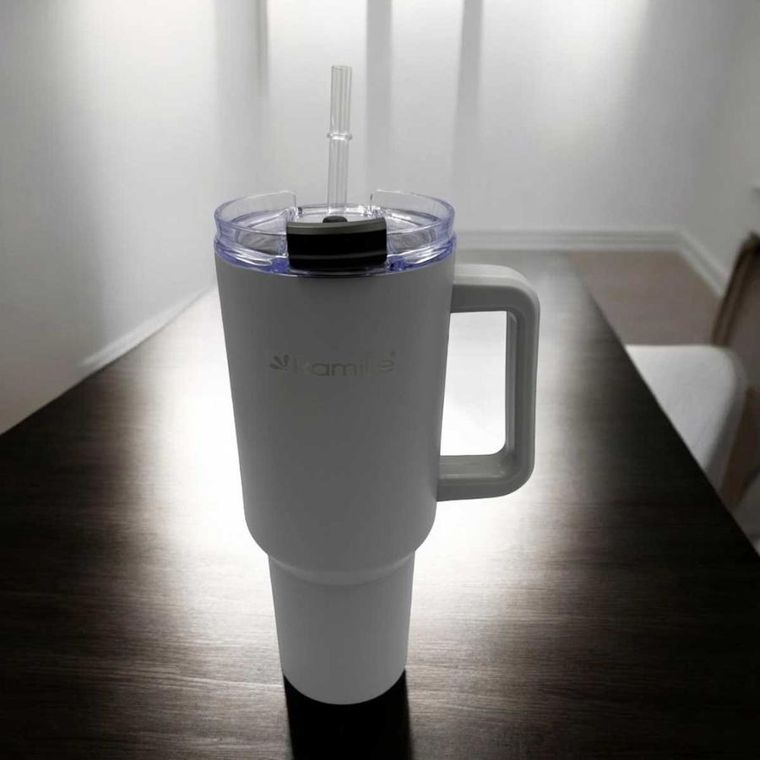 Kamille, stalowy kubek termiczny, termos, 1200 ml, z rączką i słomką