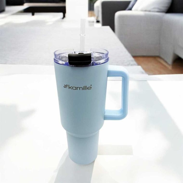 Kamille, stalowy kubek termiczny, termos, 1200 ml, z rączką i słomką