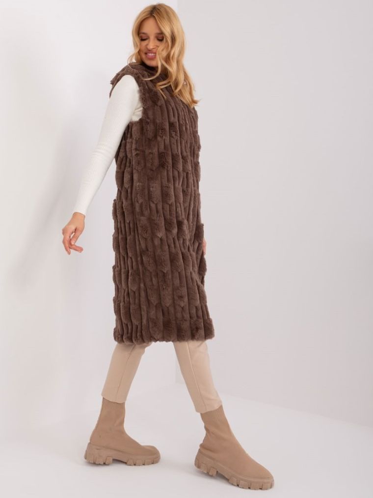 Kamizelka damska z kapturem, brązowa, Italy Moda