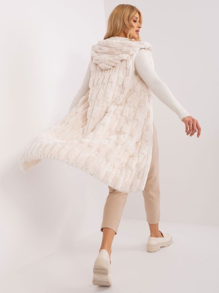 Kamizelka damska z kapturem, ecru, Italy Moda