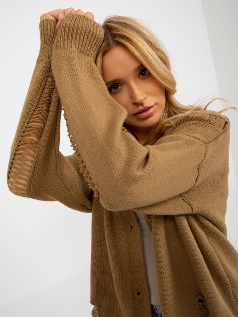 Kardigan damski z wełną, oversize, beżowy, Rue Paris