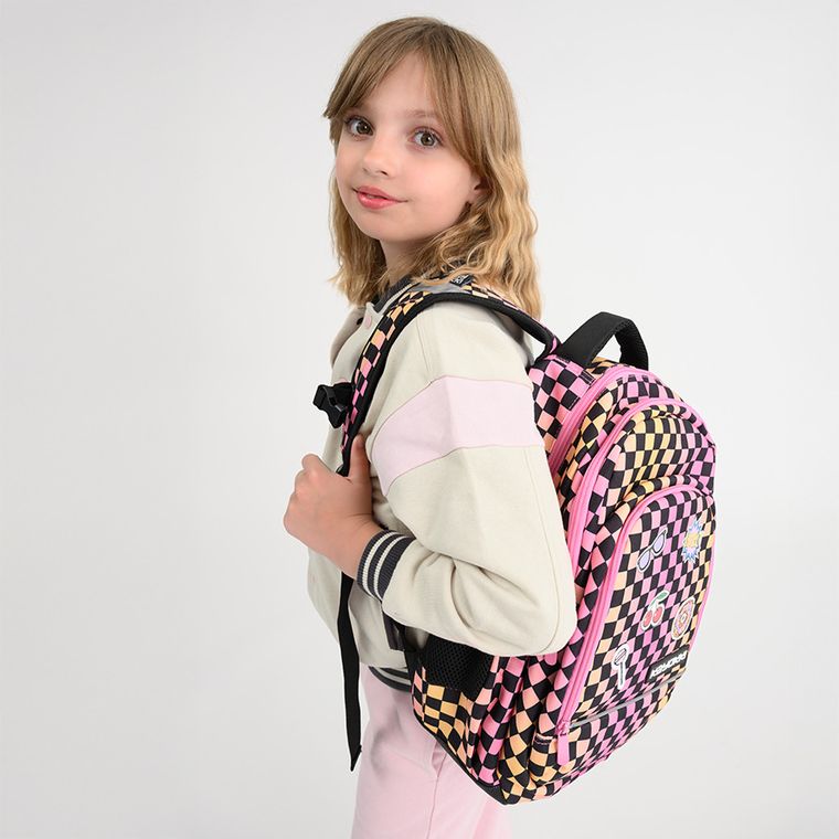 Kayokki, plecak szkolny, 2-komorowy, Szachownica różowo-pomarańczowa