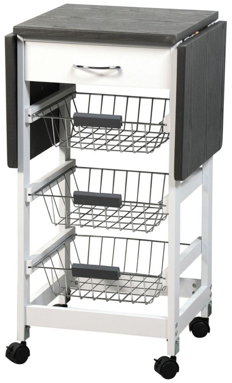 Kesper, biały barek kuchenny na kółkach, z rozkładanym blatem w kolorze szarym