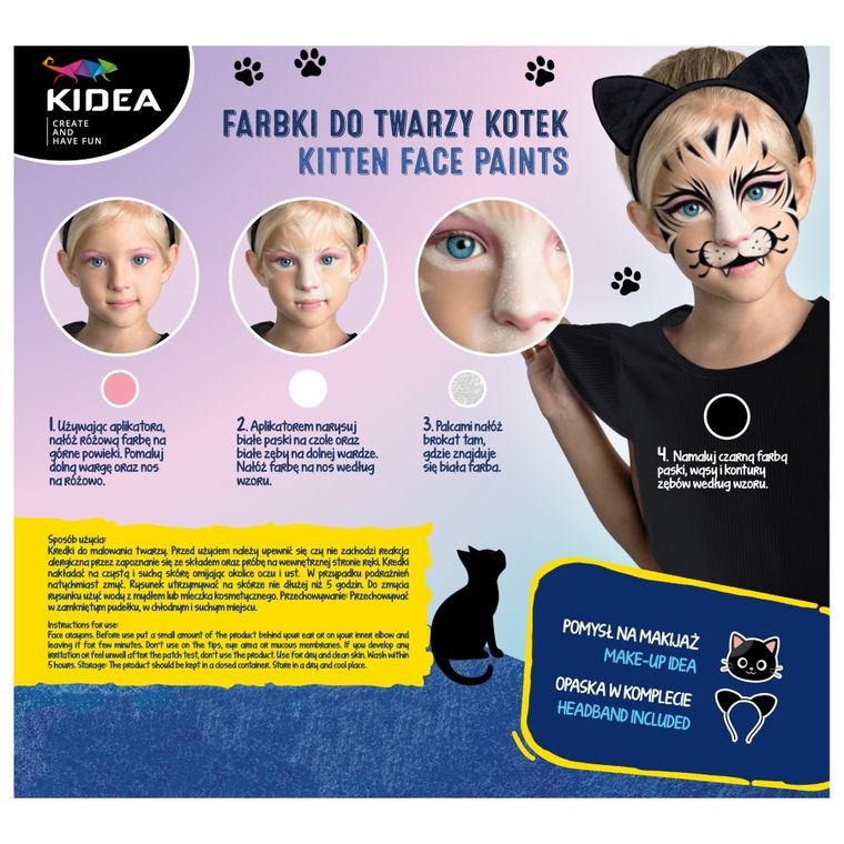 Kidea, farby do twarzy, zestaw z opaską, kotek