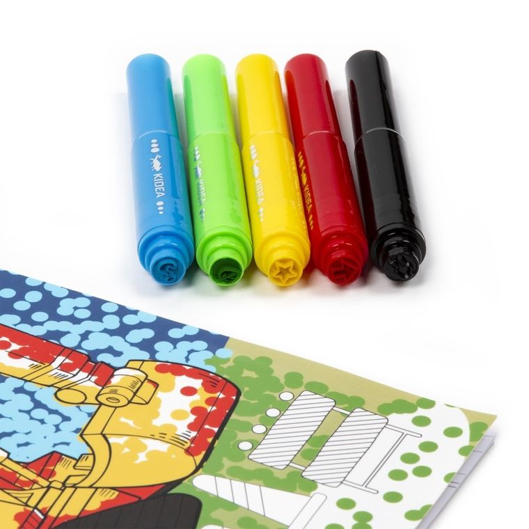 Kidea, flamastry do malowania kropkami ze stempelkami + kolorowanka pojazdy