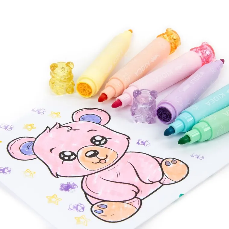 Kidea, flamastry dwustronne ze stempelkami, misie, 6 szt.