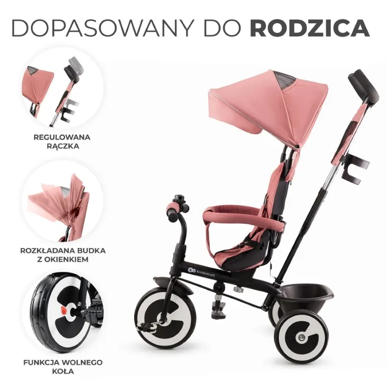 Kinderkraft, Aston, rowerek trójkołowy, Rose Pink