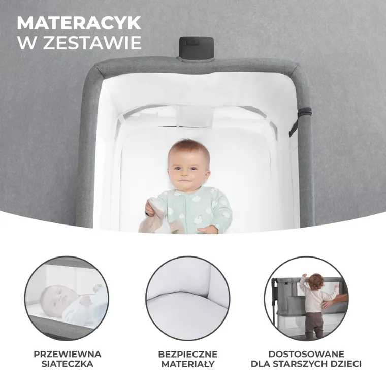 Kinderkraft, Neste Grow, łóżeczko dostawne, light grey, full wood