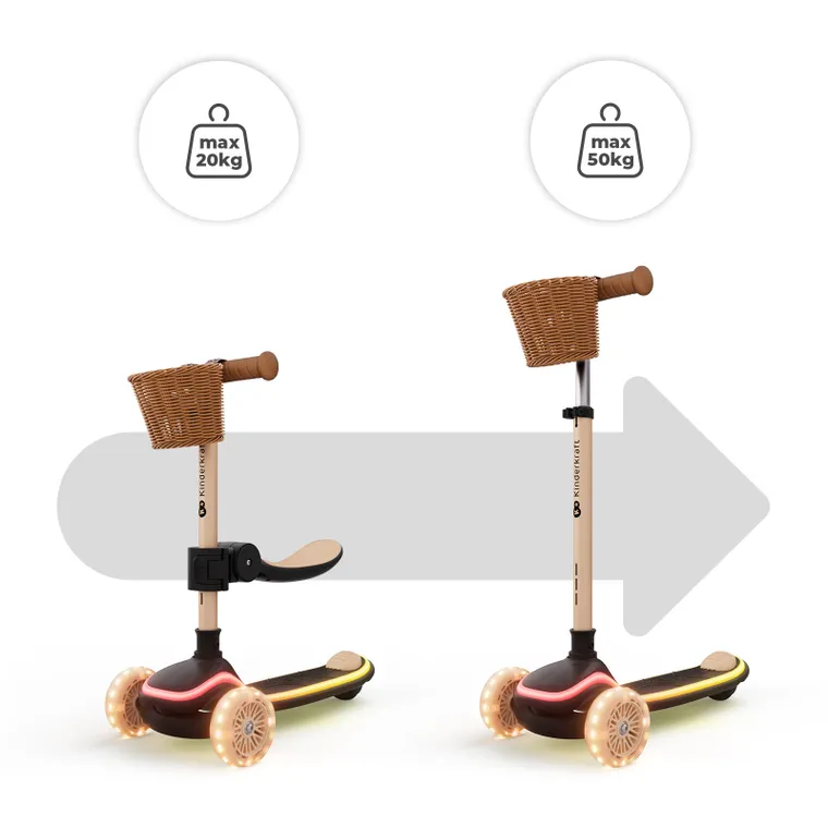 Kinderkraft, RAKET UP, hulajnoga 3-kołowa LED, 2w1, Beige