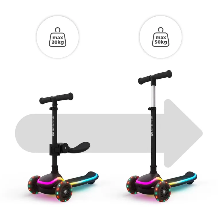 Kinderkraft, RAKET UP, hulajnoga 3-kołowa LED, 2w1, Black