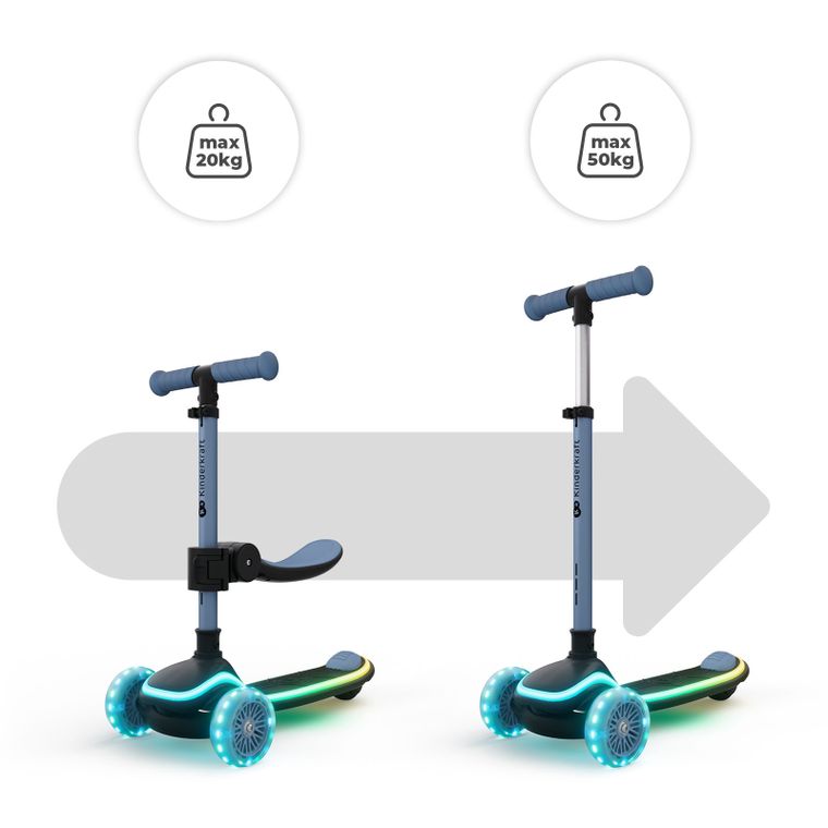 Kinderkraft, RAKET UP, hulajnoga 3-kołowa LED, 2w1, Blue