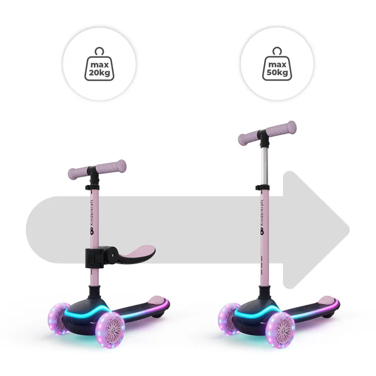 Kinderkraft, RAKET UP, hulajnoga 3-kołowa LED, 2w1, Pink