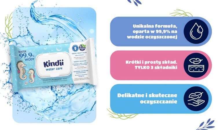 Kindii, Water Care 99,9%, chusteczki nawilżane, 60 szt.