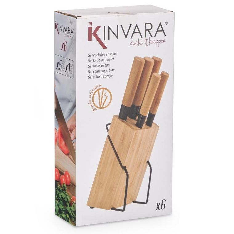 Kinvara, Bamy, zestaw noży kuchennych z bambusowymi trzonkami w stojaku, 6 szt.
