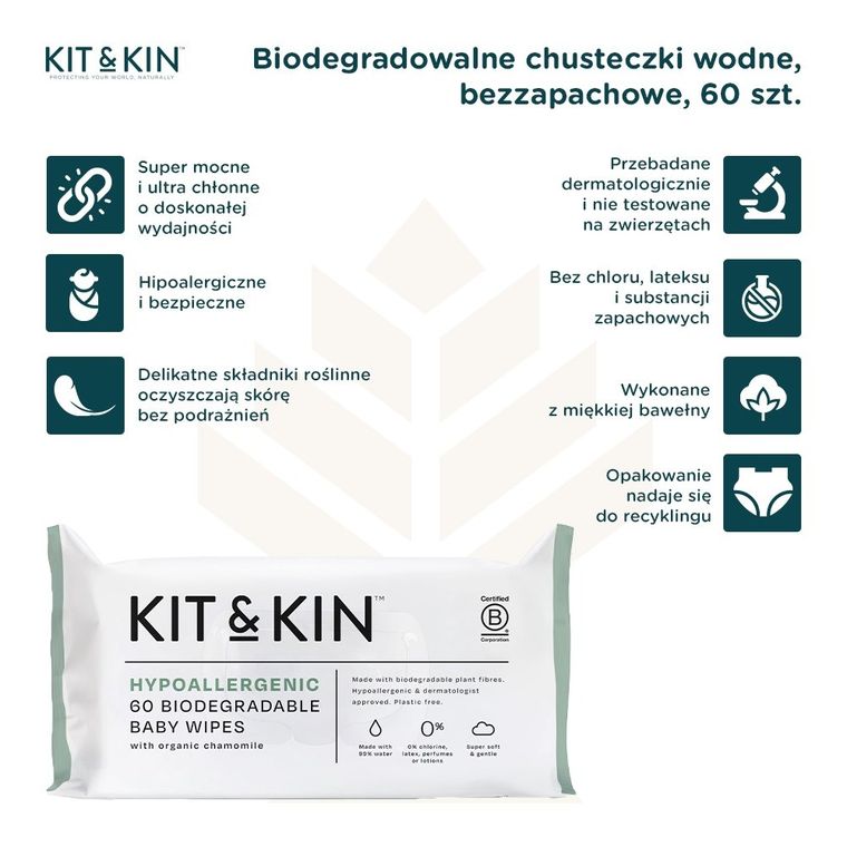 Kit and Kin, biodegradowalne bezzapachowe chusteczki wodne, 60 szt.