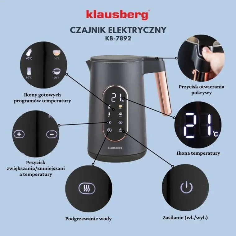 Klausberg, czajnik elektryczny LED z regulacją temperatury, 1,7l