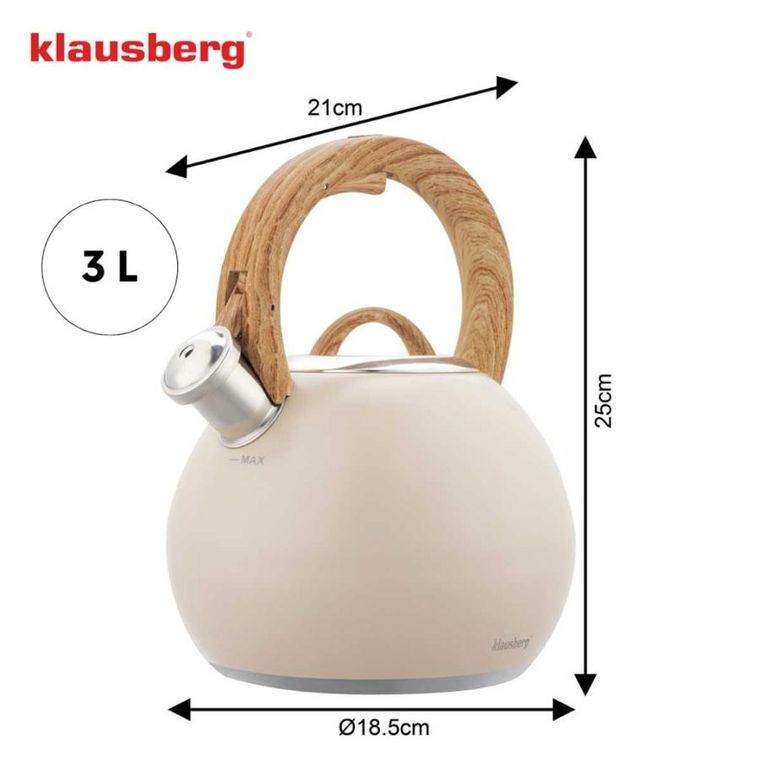 Klausberg, czajnik stalowy z gwizdkiem, beżowy mat, 3l, kb-7956