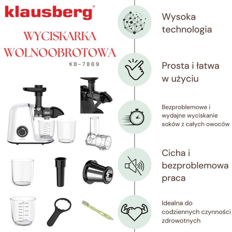 Klausberg, sokowirówka, wyciskarka wolnoobrotowa, biała, KB-7869