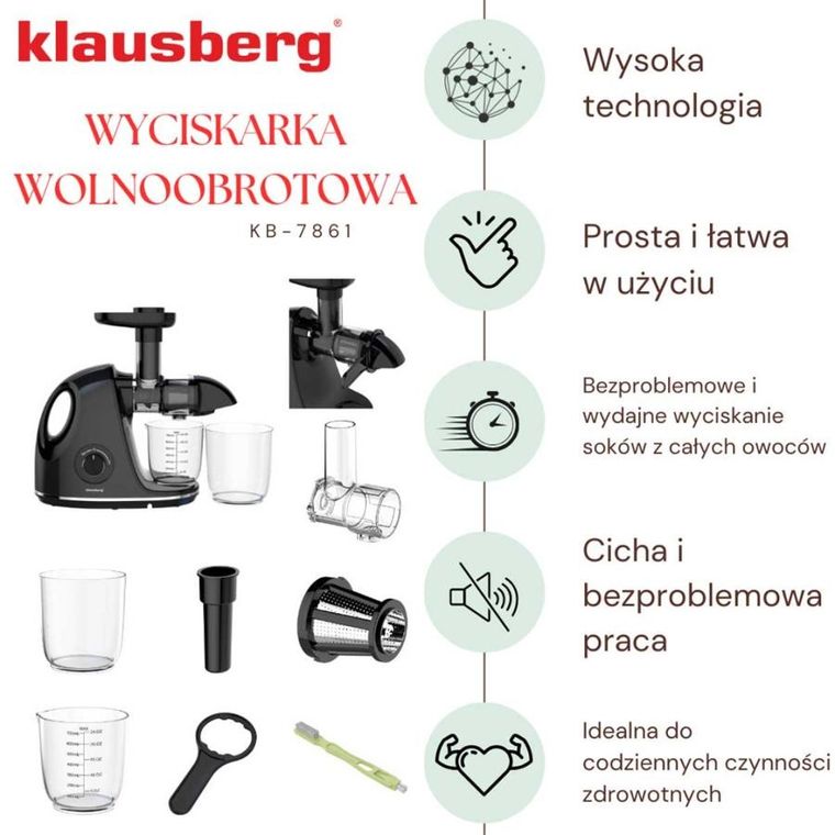 Klausberg, sokowirówka, wyciskarka wolnoobrotowa, czarna, KB-7861