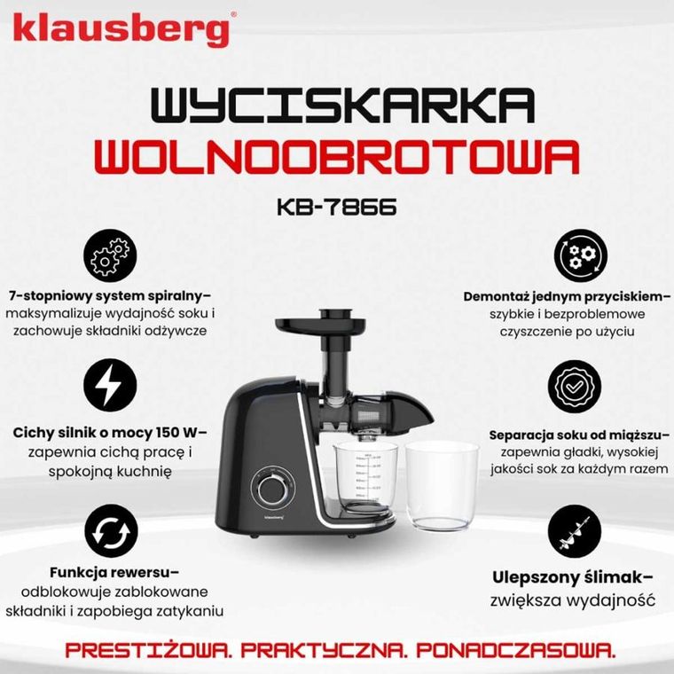 Klausberg, sokowirówka, wyciskarka wolnoobrotowa, czarna, KB-7866