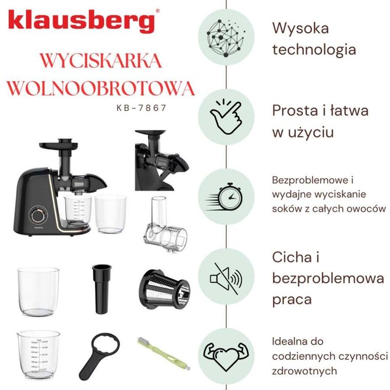 Klausberg, sokowirówka, wyciskarka wolnoobrotowa, czarna, KB-7867
