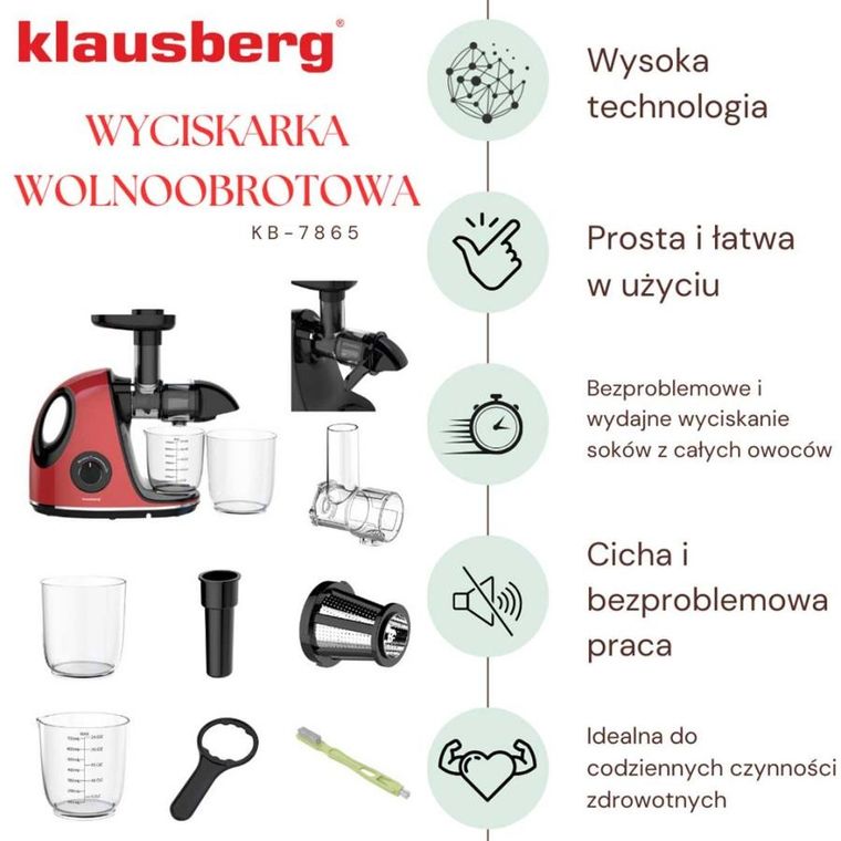 Klausberg, sokowirówka, wyciskarka wolnoobrotowa, czerwona, KB-7865