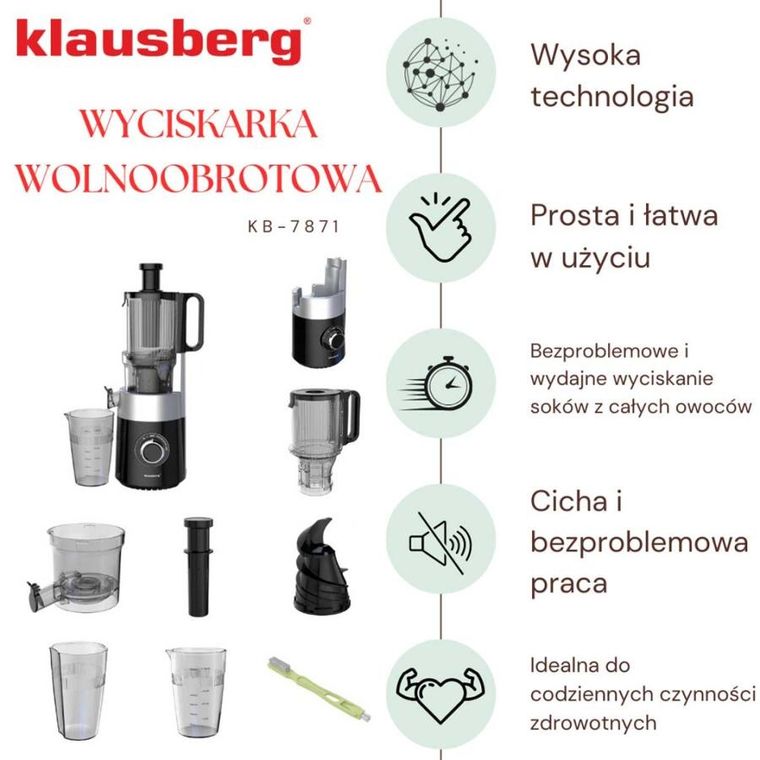 Klausberg, sokowirówka, wyciskarka wolnoobrotowa, pionowa, czarna, KB-7871