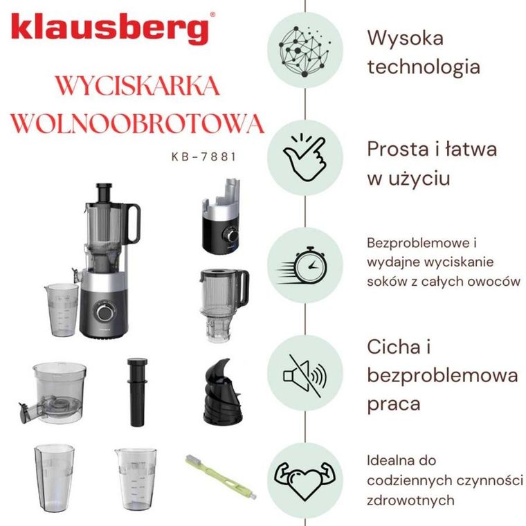 Klausberg, sokowirówka, wyciskarka wolnoobrotowa, pionowa, czarna, KB-7881