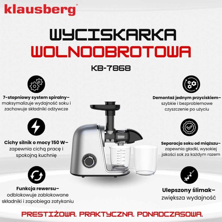 Klausberg, sokowirówka, wyciskarka wolnoobrotowa, srebrna, KB-7868