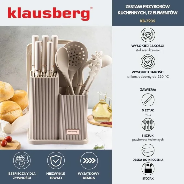 Klausberg, zestaw noży i przyborów kuchennych z deską w stojaku