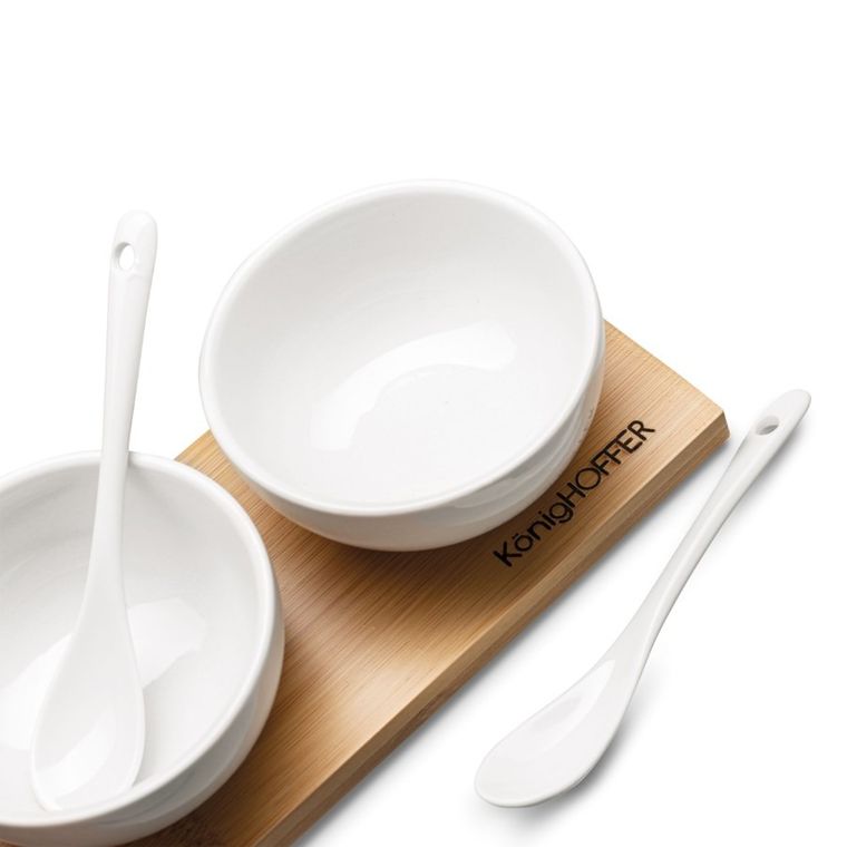 Könighoffer, miseczki do dipów na desce bambusowej z łyżeczkami, biały połysk, 3-150 ml