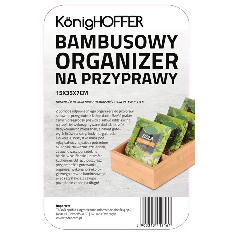 KönigHoffer, organizer bambusowy na przyprawy, 6 przegródek, 15-35-7 cm