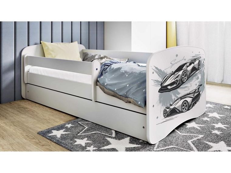 Kocot Kids, Babydreams, łóżko z szufladą i materacem, białe, auto sportowe, 80-160 cm