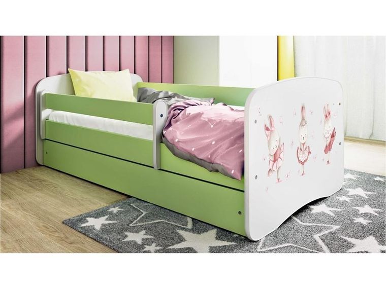 Kocot Kids, Babydreams, łóżko z szufladą i materacem, zielone, króliczki z motylkami, 80-180 cm