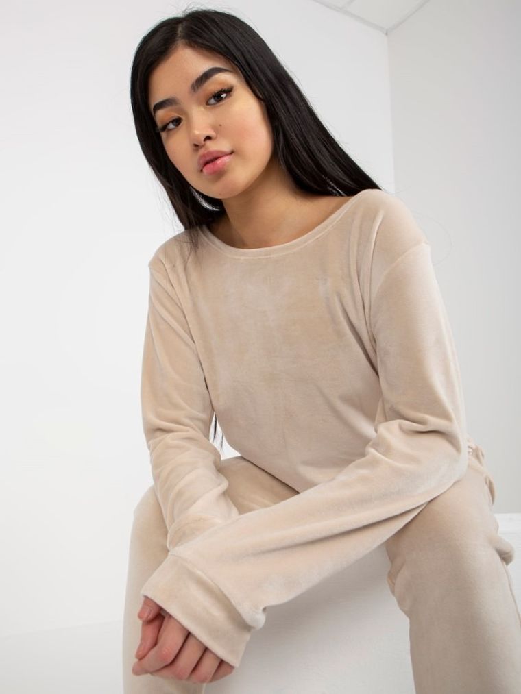 Komplet damski, Bluza, Spodnie, welurowy, beżowy, Rue Paris