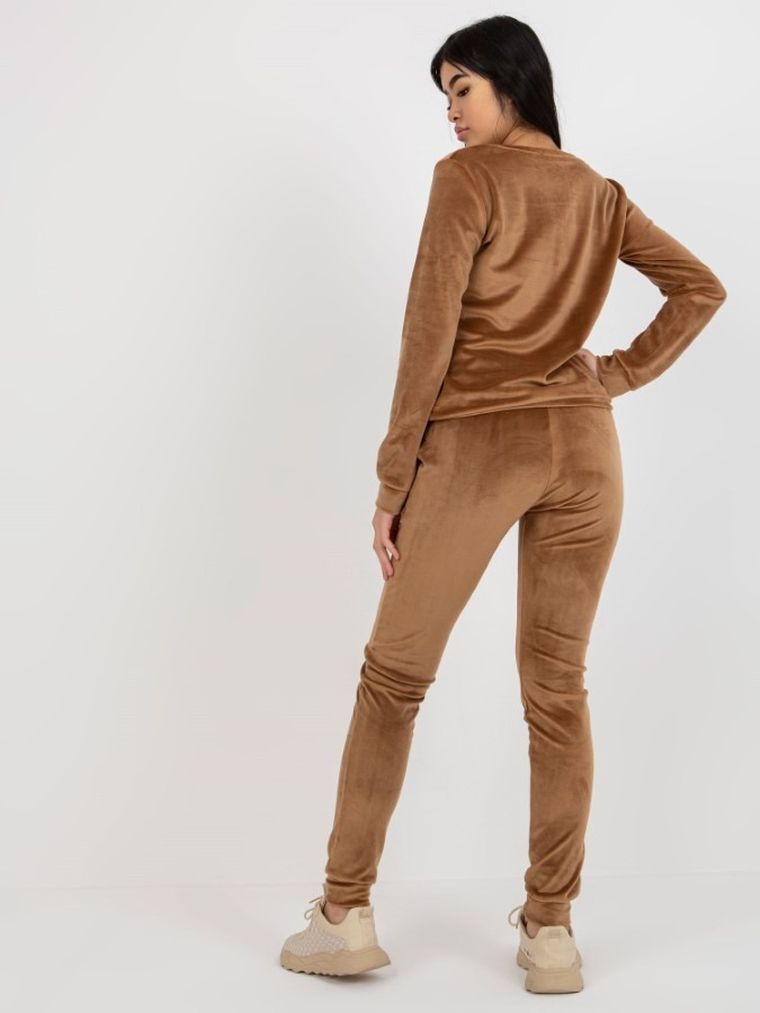 Komplet damski, Bluza, Spodnie, welurowy, beżowy, Rue Paris