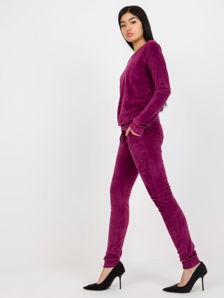 Komplet damski, Bluza, Spodnie, welurowy, fioletowy, Rue Paris