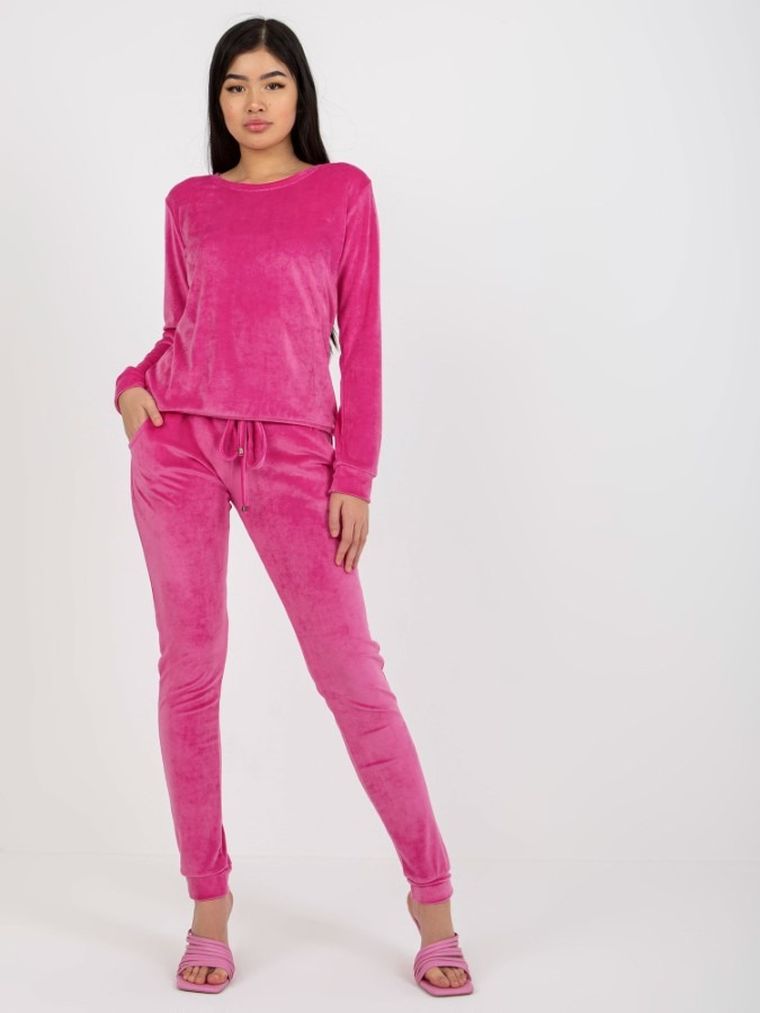 Komplet damski, Bluza, Spodnie, welurowy, różowy, Rue Paris