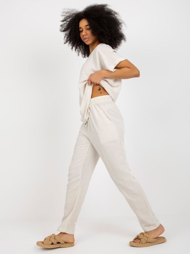 Komplet damski, Bluzka z krótkim rękawem, Spodnie, beżowy, Rue Paris