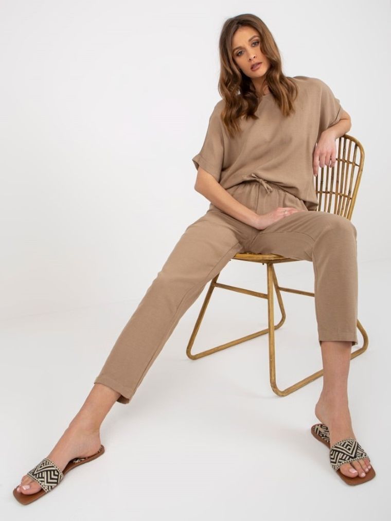 Komplet damski, Bluzka z krótkim rękawem, Spodnie, beżowy, Rue Paris